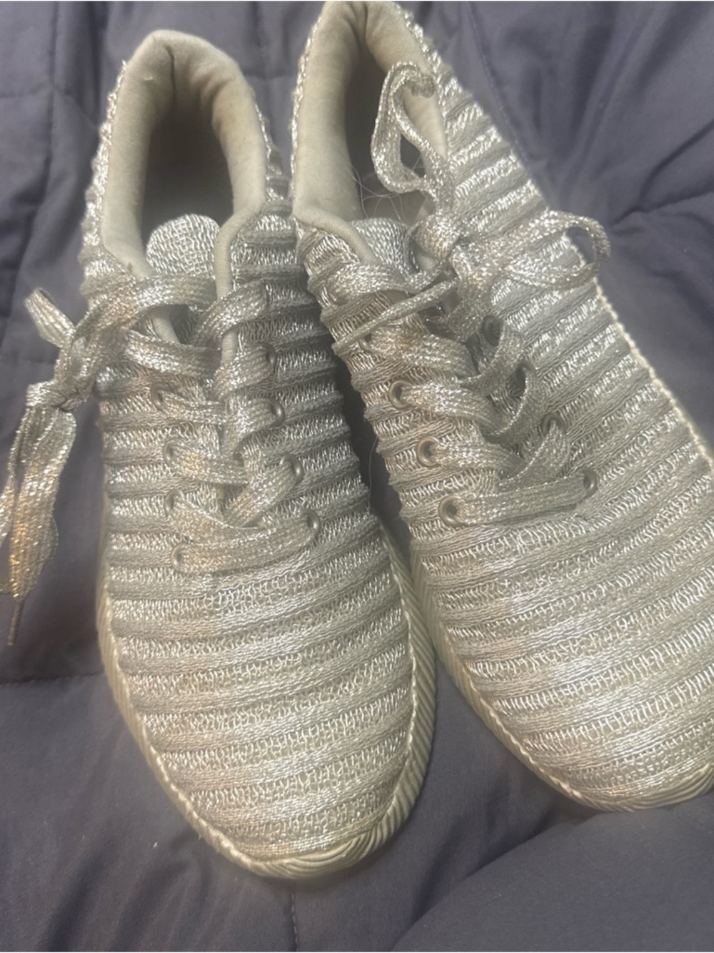 Women’s Metallic Knit Lace-Up Sneakers in Silver